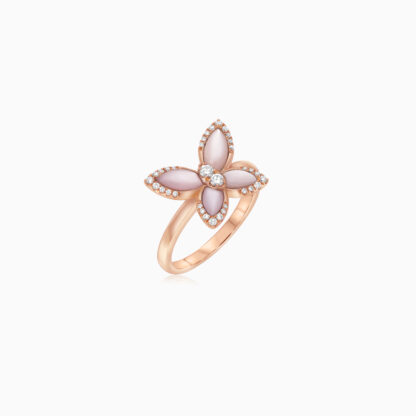 18k Rose gold ring butterfly shape decorated with Mother of pearl and natural diamond stones
