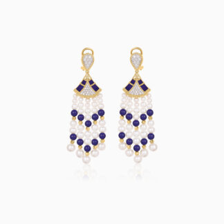 18K Yellow gold pearl earrings with natural diamond and lazurite stones