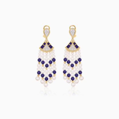 18K Yellow gold pearl earrings with natural diamond and lazurite stones