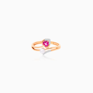 18k rose gold ring decorated with natural diamond and pink topaz and pearl