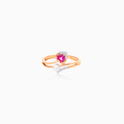 18k rose gold ring decorated with natural diamond and pink topaz and pearl