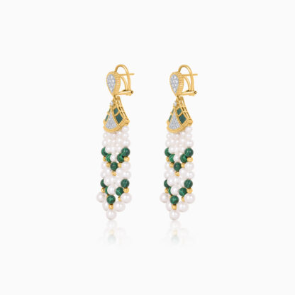 18K Yellow gold pearl earrings with natural diamond and malachite stones