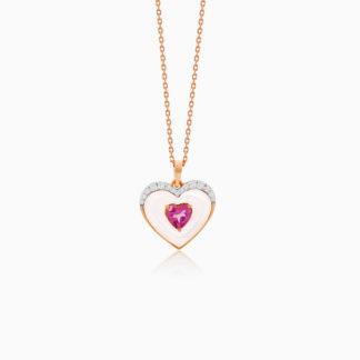 18K ROSE GOLD NECKLACE WITH HEART SHAPED DECORATED BY NATURAL DIAMOND AND PINK TOPAZ IN THE CENTER