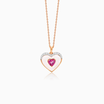 18K ROSE GOLD NECKLACE WITH HEART SHAPED DECORATED BY NATURAL DIAMOND AND PINK TOPAZ IN THE CENTER
