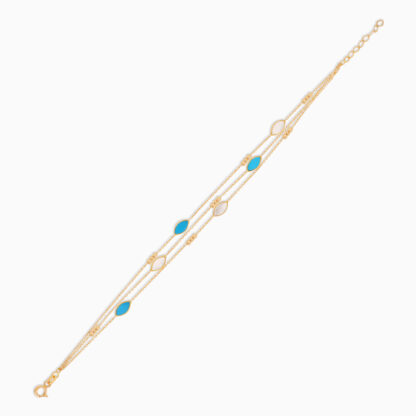 18k yellow gold bracelet three-layer decorated with mother of pearl and turquoise stones