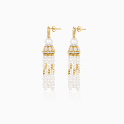 18K Yellow Gold Dangling Earrings with Pearls and Natural Diamonds - Image 3