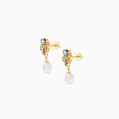 18K YELLOW GOLD PEARL EARRING WITH NATURAL DIAMOND & GEMSTONES - Image 3