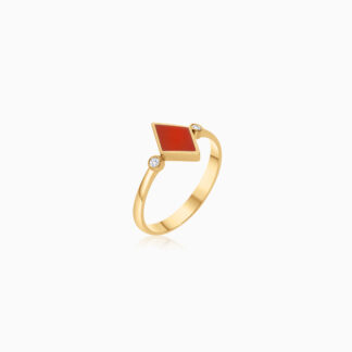 18k yellow gold ring decorated with red enamel color and natural diamonds