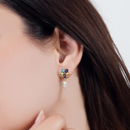 18K YELLOW GOLD PEARL EARRING WITH NATURAL DIAMOND & GEMSTONES