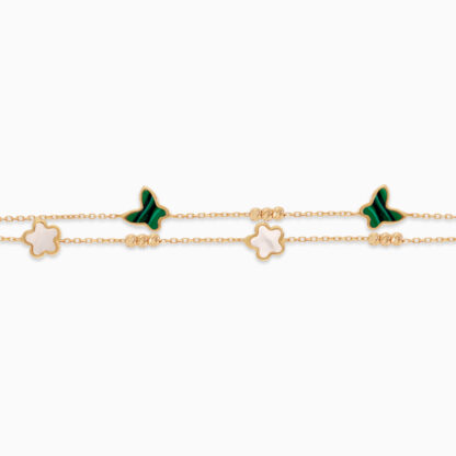 18k yellow gold bracelet two-layer decorated with mother of pearl & Malachite in flowers and butterflys shape