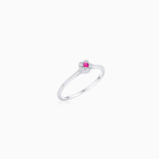 18K WHITE GOLD RING FLOWER SHAPE DECORATED BY RUBY AND NATURAL DIAMOND STONES
