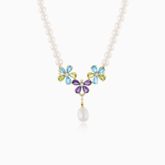 18K YELLOW GOLD PEARL NECKLACE WITH DIAMOND AND GEMSTONES