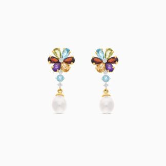 18K YELLOW GOLD PEARL EARRING WITH NATURAL DIAMOND & GEMSTONES