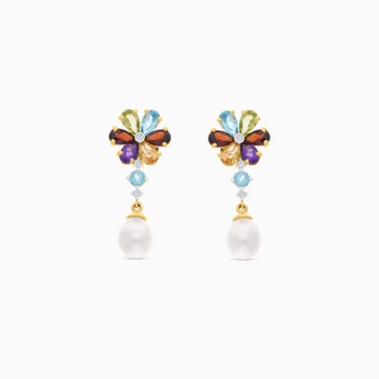 18K YELLOW GOLD PEARL EARRING WITH NATURAL DIAMOND & GEMSTONES