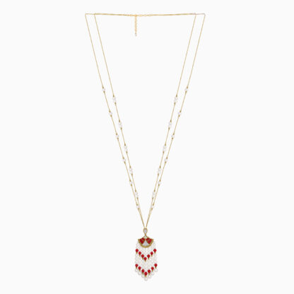 18K Yellow gold long Long pearl necklace with natural diamond and coral stones