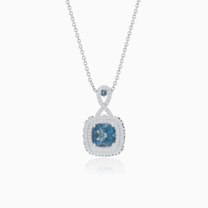 18K White Gold Necklace featuring a stunning Natural Diamond and london Blue Topaz stones