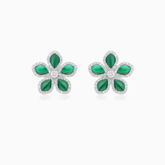 18K WHITE GOLD EARRINGS FLOWER SHAPE DECORATED WITH NATURAL DIAMOND AND MALACHITE STONES