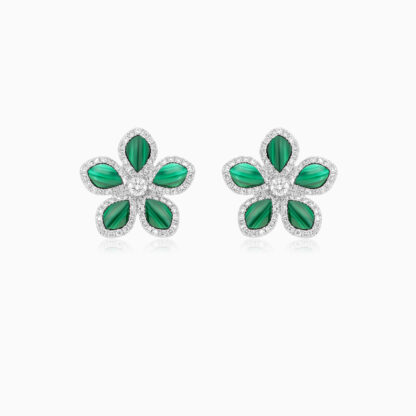 18K WHITE GOLD EARRINGS FLOWER SHAPE DECORATED WITH NATURAL DIAMOND AND MALACHITE STONES