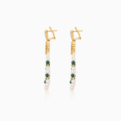 18K Yellow gold pearl earrings with natural diamond and malachite stones