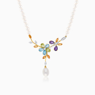 18K YELLOW GOLD PEARL NECKLACE WITH NATURAL DIAMOND & GEMSTONES