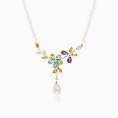 18K YELLOW GOLD PEARL NECKLACE WITH NATURAL DIAMOND & GEMSTONES