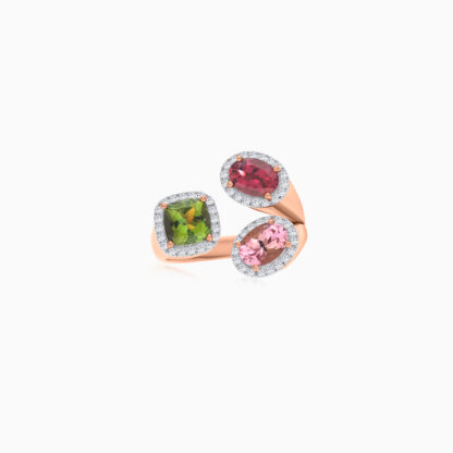 18K Rose Gold Open Ring with Tourmaline Stones and Natural Diamond - Image 3