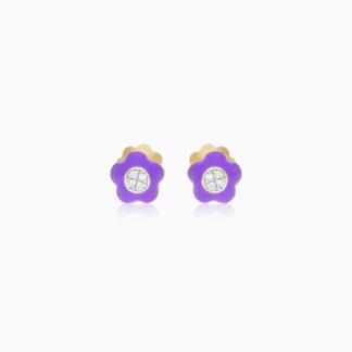 18k Yellow gold Kids Earrings flower shape decorated with natural diamond stones