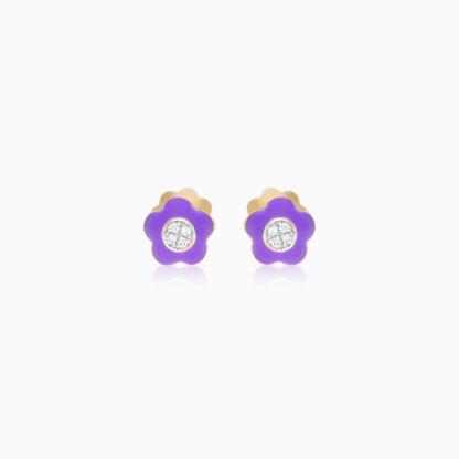 18k Yellow gold Kids Earrings flower shape decorated with natural diamond stones