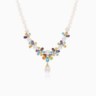 18K YELLOW GOLD PEARL NECKLACE WITH DIAMOND AND GEMSTONES - DANAH