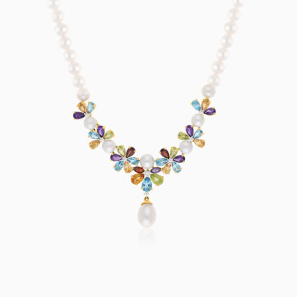 18K YELLOW GOLD PEARL NECKLACE WITH DIAMOND AND GEMSTONES - DANAH