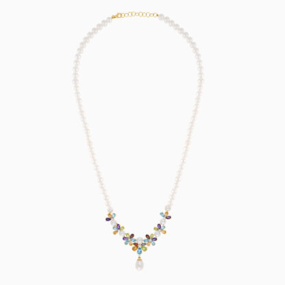 18K YELLOW GOLD PEARL NECKLACE WITH DIAMOND AND GEMSTONES - DANAH