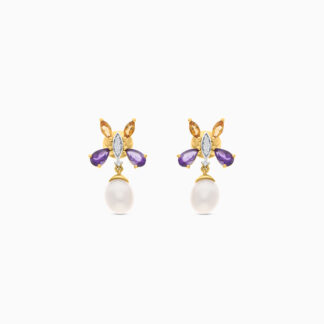 18K YELLOW GOLD PEARL EARRING WITH NATURAL DIAMOND & GEMSTONES