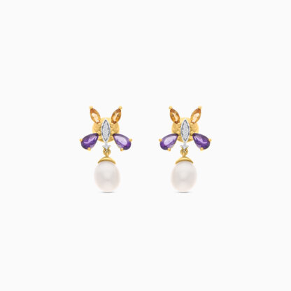 18K YELLOW GOLD PEARL EARRING WITH NATURAL DIAMOND & GEMSTONES