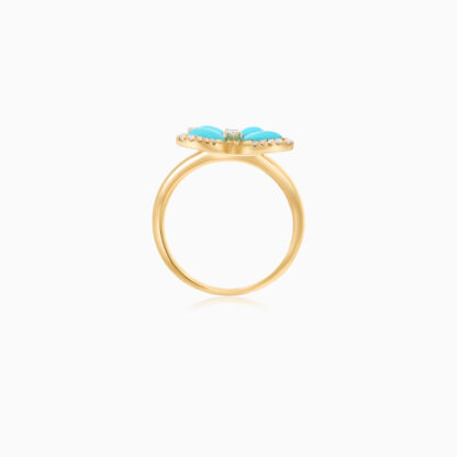 18k Yellow gold ring, butterfly shape decorated with Turquoise and natural diamond stones