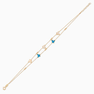 18k yellow gold bracelet two-layer decorated with butterfly shapes in mother of pearl and turquoise stones