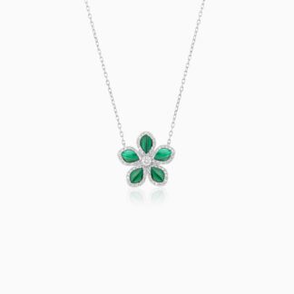 18K WHITE GOLD NEKCLACE FLOWER SHAPE DECORATED WITH NATURAL DIAMOND AND MALACHITE STONES