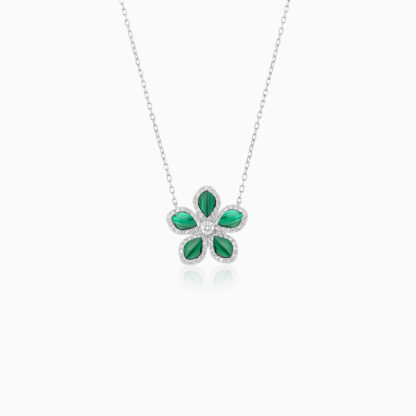 18K WHITE GOLD NEKCLACE FLOWER SHAPE DECORATED WITH NATURAL DIAMOND AND MALACHITE STONES