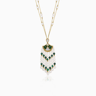 18K Yellow gold Long pearl necklace with natural diamond and malachite stones