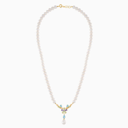 18K YELLOW GOLD PEARL NECKLACE WITH NATURAL DIAMOND & GEMSTONES