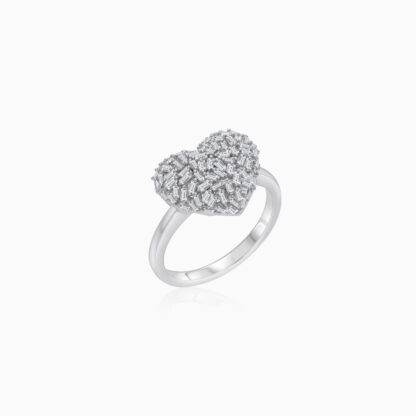 18K WHITE GOLD RING WITH HEART SHAPE DECORATED BY NATURAL DIAMOND BAGUETTE