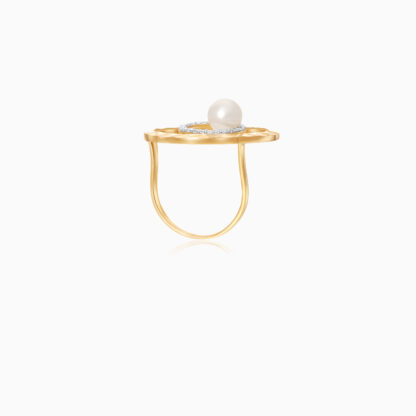 18k yellow gold ring decorated with single pearl and zircon stones - Image 2