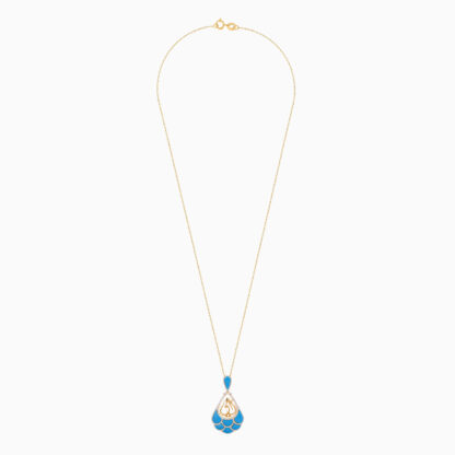 18K YELLOW GOLD NECKLACE WITH MOTHER WORD IN THE CENTER DECORATED TURQUOISE AND NATURAL DIAMONDS