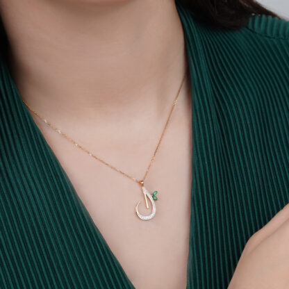 18k Yellow Gold 'Laam' Arabic Letter Necklace With Natural diamond & agate stones - Image 2