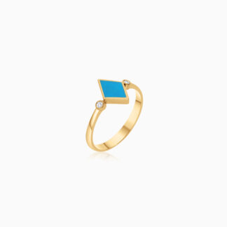18k yellow gold ring decorated with turquoise enamel color and natural diamonds