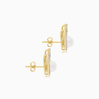 18k Yellow Gold Earrings Decorated with Pearl and zircon stones