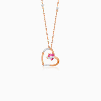18K ROSE GOLD NECKLACE HEART SHAPE DECORATED WITH NATURAL DIAMOND AND PINK TOPAZ