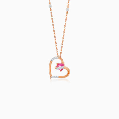 18K ROSE GOLD NECKLACE HEART SHAPE DECORATED WITH NATURAL DIAMOND AND PINK TOPAZ