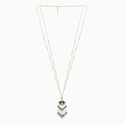 18K Yellow gold Long pearl necklace with natural diamond and malachite stones