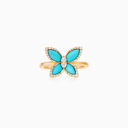18k Yellow gold ring, butterfly shape decorated with Turquoise and natural diamond stones