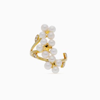 18K YELLOW GOLD RING DECORATED WITH PEARLS AN ZIRCON STONES